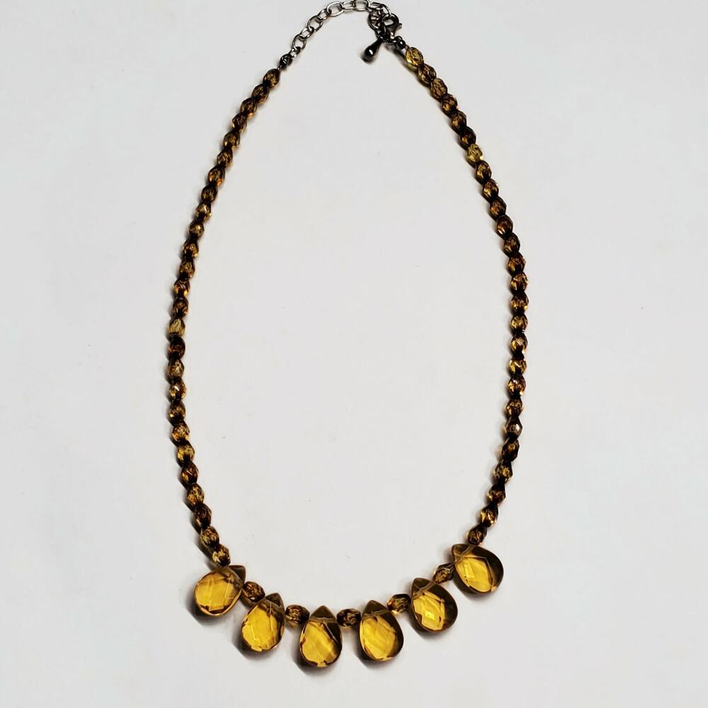 Golden Orange Brown Faceted Glass Briolette Bead Necklace Sterling Silver Clasp